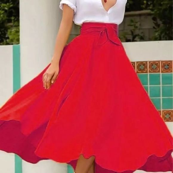 Orange High Waist Maxi Skirt Bow Tie Front Pleated Flared skirt - Picture 4 of 4